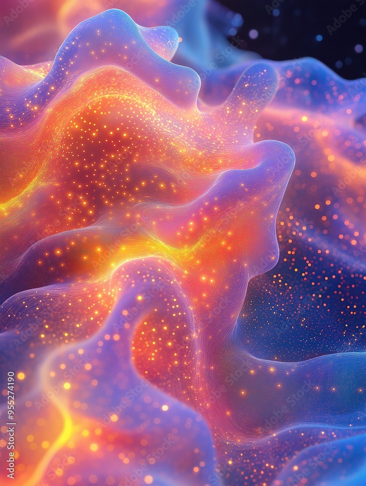 3D rendering of a glowing abstract surface with wavy textures and vibrant colored particles floating 3D rendering of a glowing abstract surface with wavy textures and vibrant colored particles floating