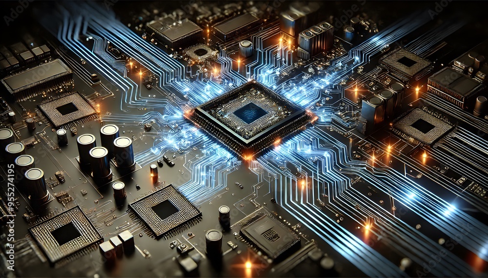 A detailed view of a high-tech circuit board with glowing pathways, symbolizing the core of modern computing and electronic devices. A detailed view of a high-tech circuit board with glowing pathways, symbolizing the core of modern computing and electronic devices.