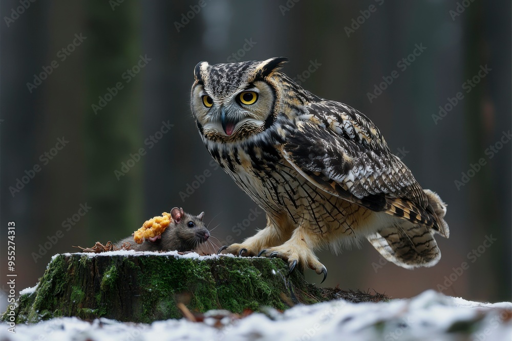 Eurasian Eagle-Owl Perched on a Stump, Preparing to Eat a Rat