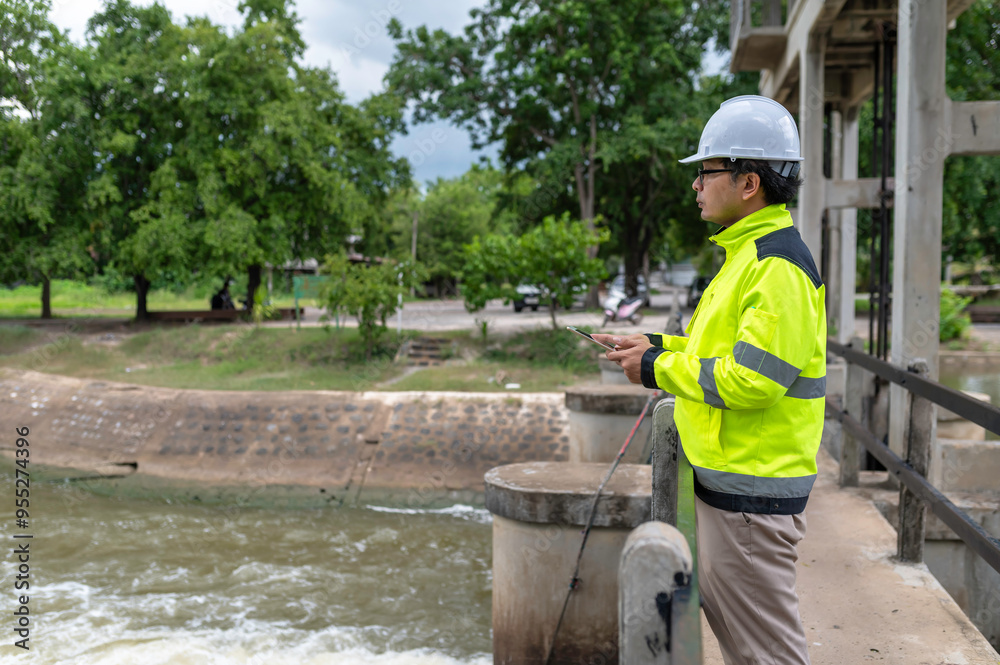 A engineering doing his checking routine. He is wearing hard hat and engineer uniform.Standing by the rail by the dam.Monitor water levels from the heavy rain that has been falling for several days. A engineering doing his checking routine. He is wearing hard hat and engineer uniform.Standing by the rail by the dam.Monitor water levels from the heavy rain that has been falling for several days.