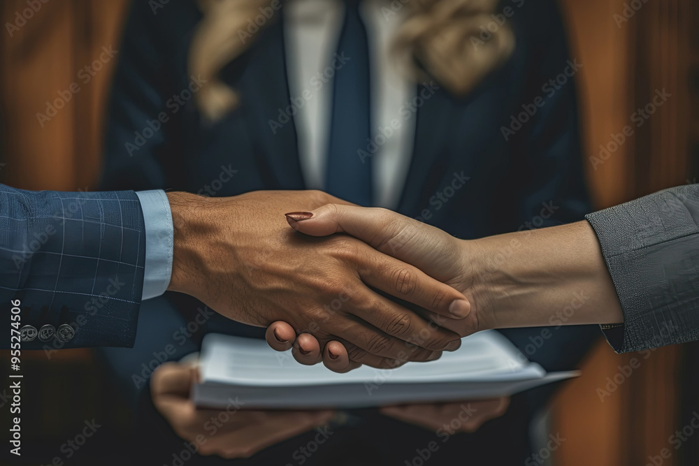Obraz premium Two people shaking hands a suit and tie on the background of a lawyer