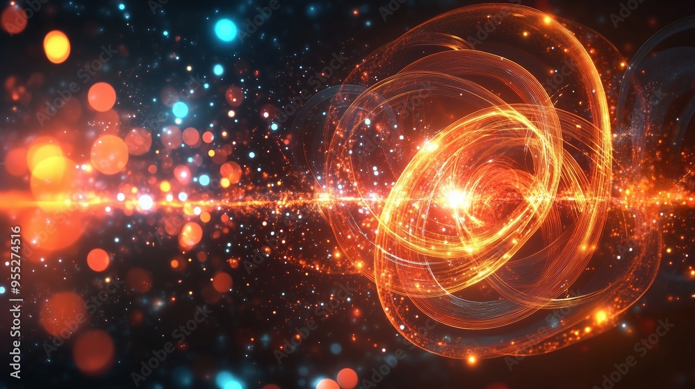 Fototapeta premium 3D rendering of a data visualization background featuring abstract digital particles and futuristic circular rings on a dark black background. The glowing light effect, along with colorful laser spark