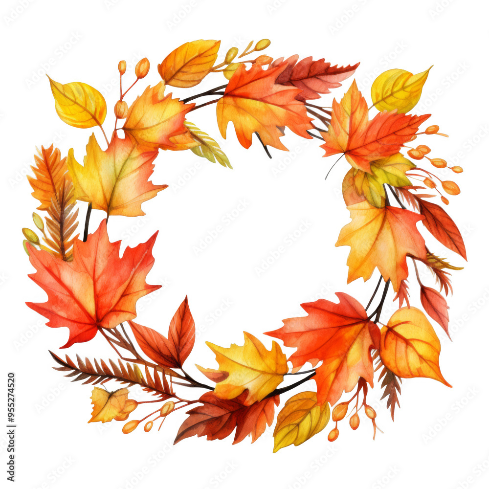 Watercolor Wreath of Autumn Leaves and Berries