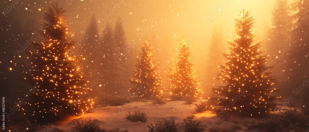 Magical forest with christmas trees and glowing lights Magical forest with christmas trees and glowing lights