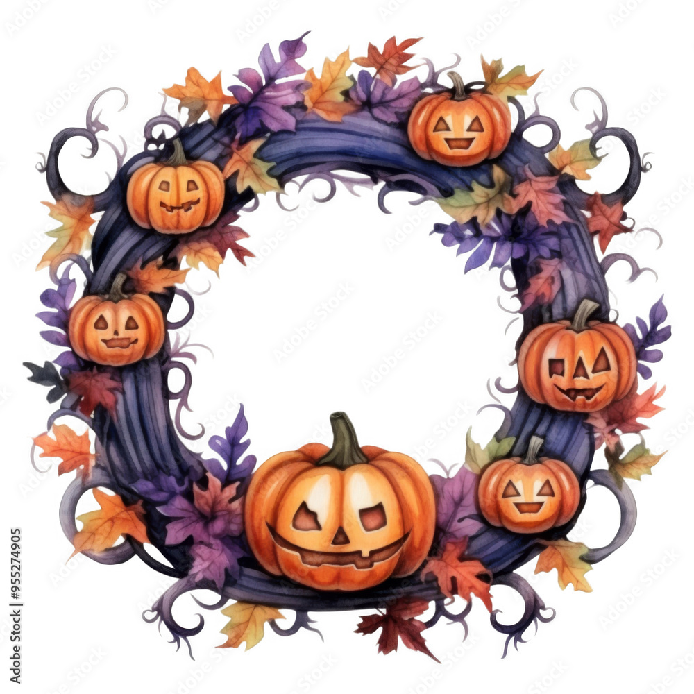A festive Halloween wreath with five jack-o'-lantern pumpkins and autumn leaves. A festive Halloween wreath with five jack-o'-lantern pumpkins and autumn leaves.
