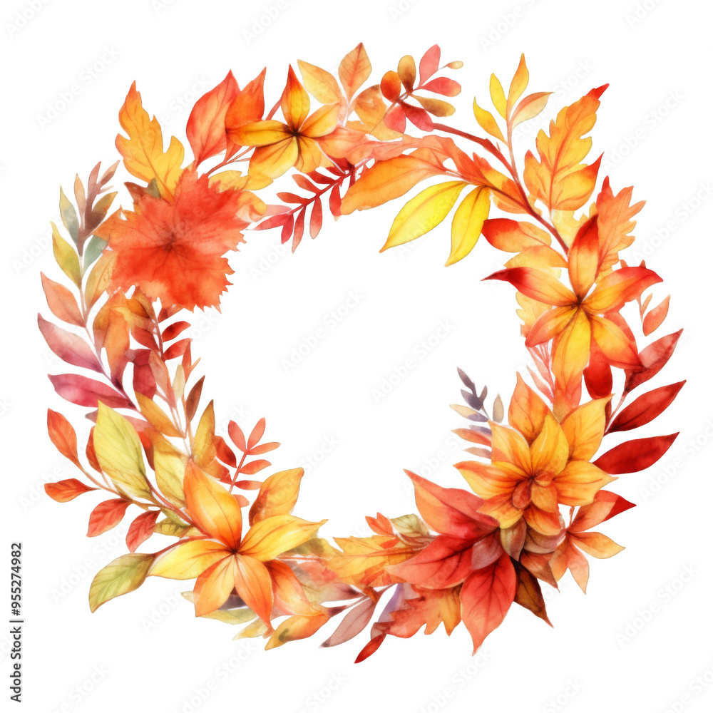 Watercolor Wreath of Autumn Leaves and Flowers Watercolor Wreath of Autumn Leaves and Flowers