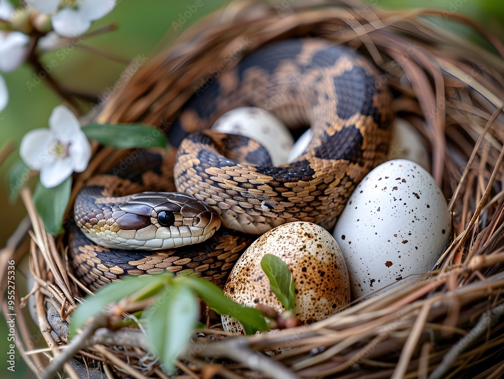 Fototapeta premium Snake Coiled in Bird s Nest with Detailed Speckled Eggs in Spring Setting Copy Space