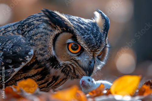 Close-up of a Eurasian Eagle Owl Hovering Over a White Mouse photo