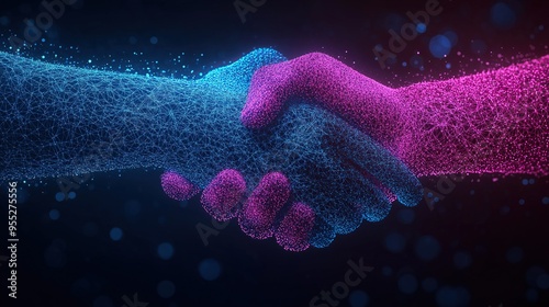 3D illustration of two hands shaking, composed of interconnected blue and pink digital networks