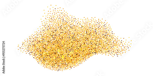 Gold powder glitter splash. Abstract shape with golden dot particles and glowing sparkles. Yellow grainy sand splatter isolated on white background. Vector illustration