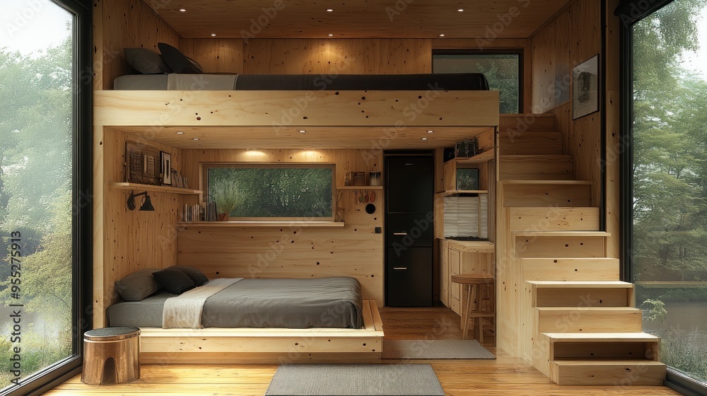 Cozy wooden interior featuring a lofted bed and living space.