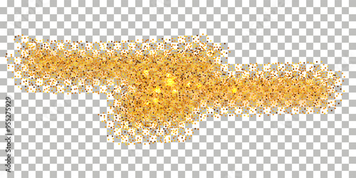 Golden powder splash with sparkle glitter, Abstract brush strokes, grainy dot particles, yellow sand with shimmer effect. Isolated on transparent background. Vector illustration