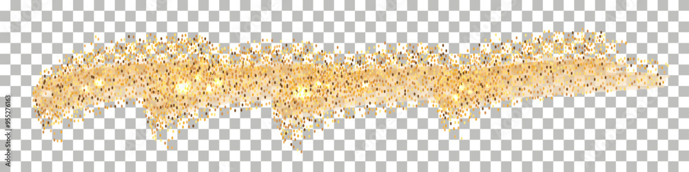 Golden powder splash with sparkle glitter, Abstract brush strokes, grainy dot particles, yellow sand with shimmer effect. Isolated on transparent background. Vector illustration