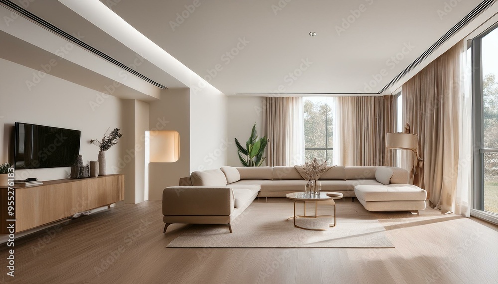 A simple living room with clean lines and neutral colors