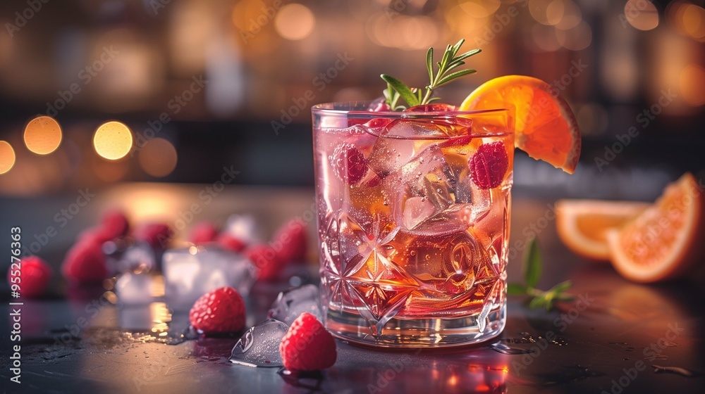 Beautifully crafted raspberry citrus cocktail with rosemary closeup image. Ice cubes beverage served in crystal glass close up photography. Party mocktail concept photo realistic