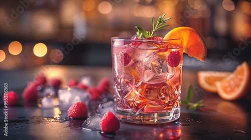 Obraz na płótnie Beautifully crafted raspberry citrus cocktail with rosemary closeup image. Ice cubes beverage served in crystal glass close up photography. Party mocktail concept photo realistic w salonie