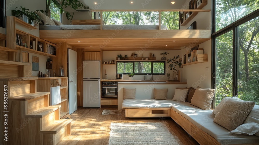 Cozy wooden interior with a loft and natural light. Cozy wooden interior with a loft and natural light.