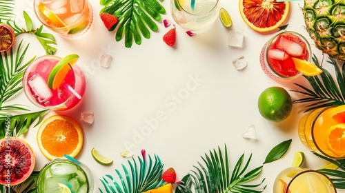 Tropical fruit cocktails with citrus palm leaves border background image. Refreshing and summery vibe frame backdrop wallpaper realistic. Exotic drinks concept photorealistic