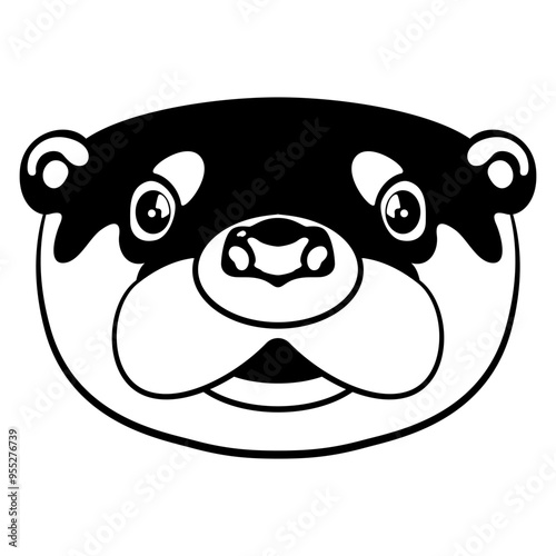 Stylized otter face. Funny animal mask. Cartoon style. Black and white silhouette.