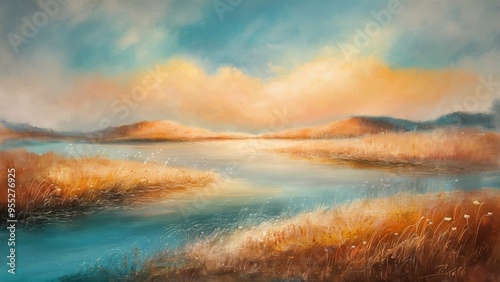 Serene Landscape Painting of a Tranquil Lake and Rolling Hills