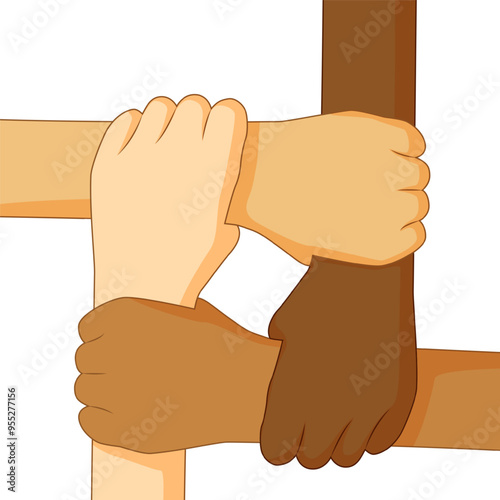 Vector illustration of multiracial hands together on transparent background