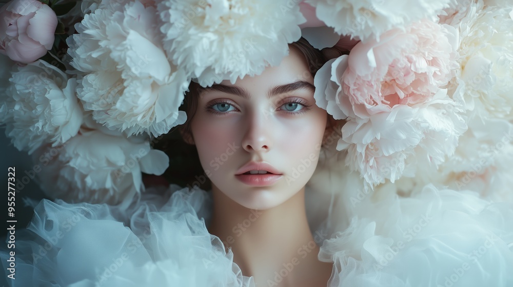 A serene portrait of a young woman surrounded by soft white and pink peonies in a delicate floral arrangement, capturing beauty and tranquility A serene portrait of a young woman surrounded by soft white and pink peonies in a delicate floral arrangement, capturing beauty and tranquility