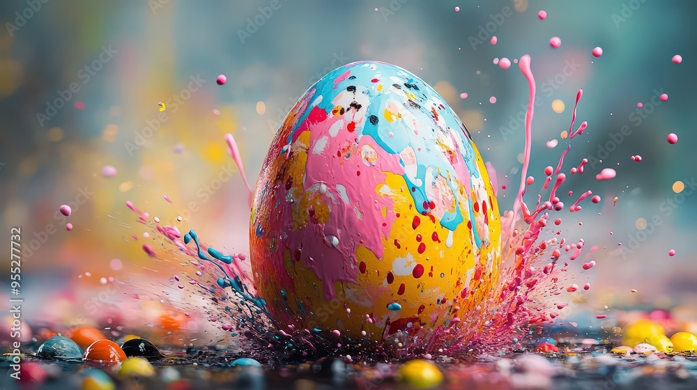 vibrant, multicolored Easter egg splashes in a burst of paint, symbolizing the lively and creative spirit of Easter celebrations and the joy of spring. vibrant, multicolored Easter egg splashes in a burst of paint, symbolizing the lively and creative spirit of Easter celebrations and the joy of spring.
