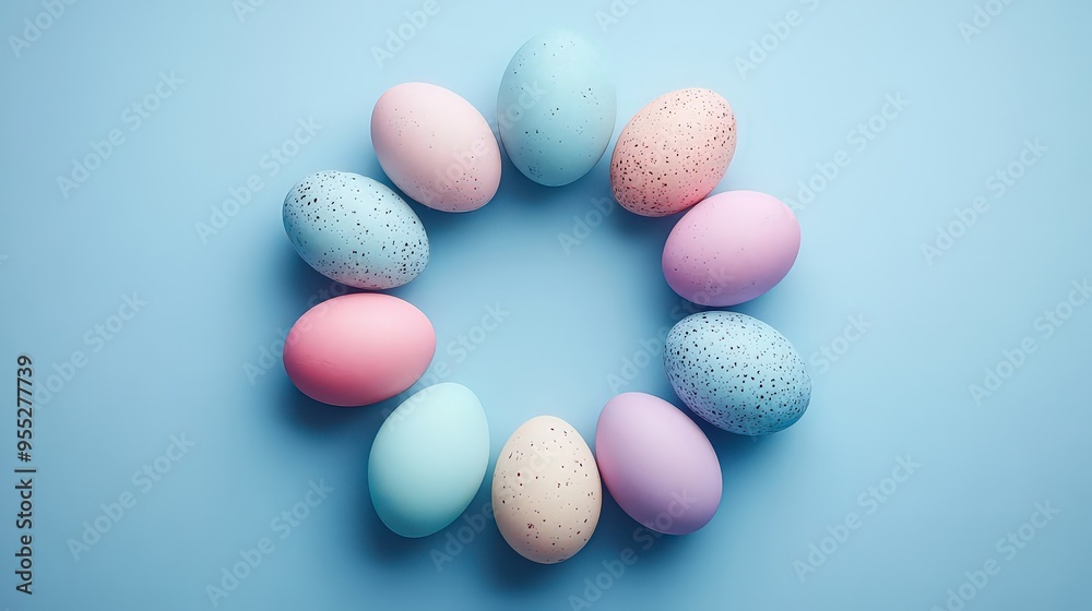 circle of pastel-colored Easter eggs arranged on a light blue background, symbolizing the celebration of Easter and the arrival of spring. circle of pastel-colored Easter eggs arranged on a light blue background, symbolizing the celebration of Easter and the arrival of spring.