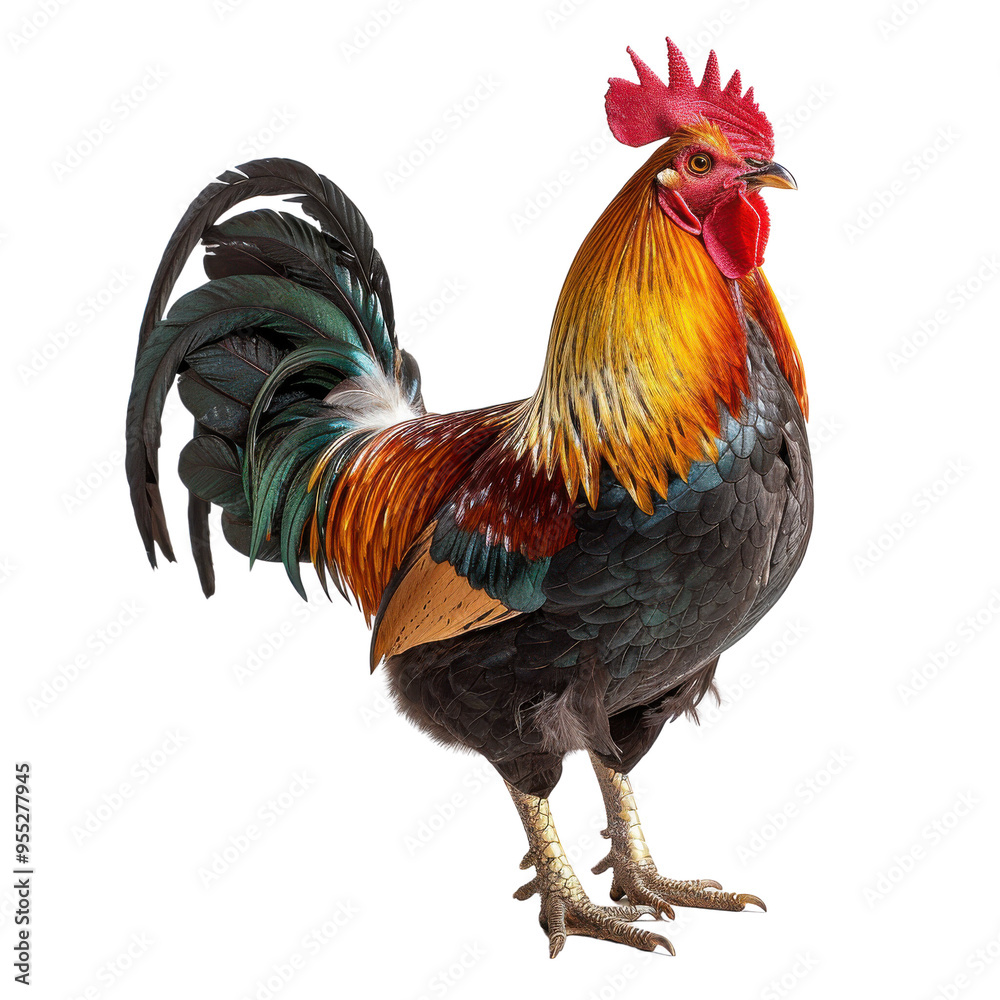 Fototapeta premium Colorful Rooster Standing Against White Background