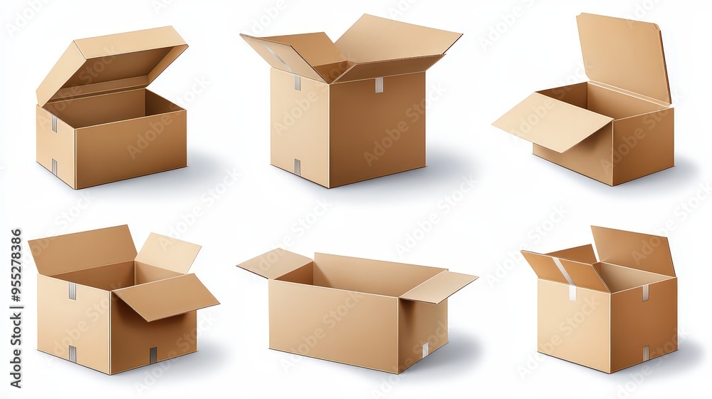 Six cardboard boxes in various states of being open, displayed against a plain background, ready for shipping or packing. Six cardboard boxes in various states of being open, displayed against a plain background, ready for shipping or packing.