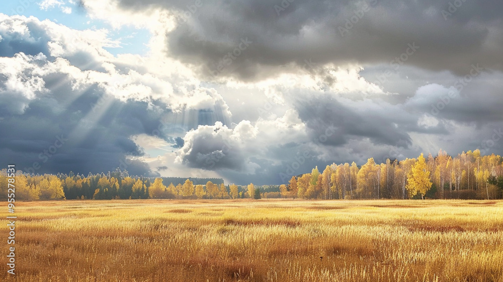 Autumn landscape, Wide open field with tall golden grasses, Forest in the distance, Dramatic sky with sunrays breaking through clouds, Serene and expansive. Autumn landscape, Wide open field with tall golden grasses, Forest in the distance, Dramatic sky with sunrays breaking through clouds, Serene and expansive.