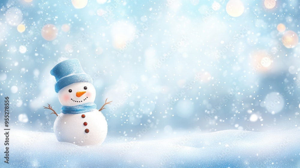 A snowman with a blue hat and a smile on his face is standing in the snow A snowman with a blue hat and a smile on his face is standing in the snow