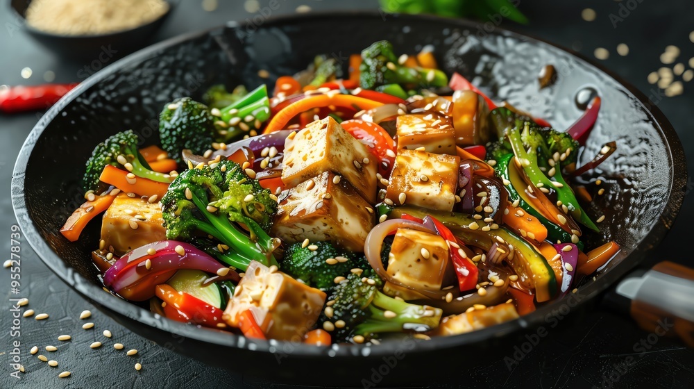 Colorful stir-fried vegetables with tofu in a glossy black bowl, garnished with sesame seeds, perfect for healthy cuisine. Colorful stir-fried vegetables with tofu in a glossy black bowl, garnished with sesame seeds, perfect for healthy cuisine.