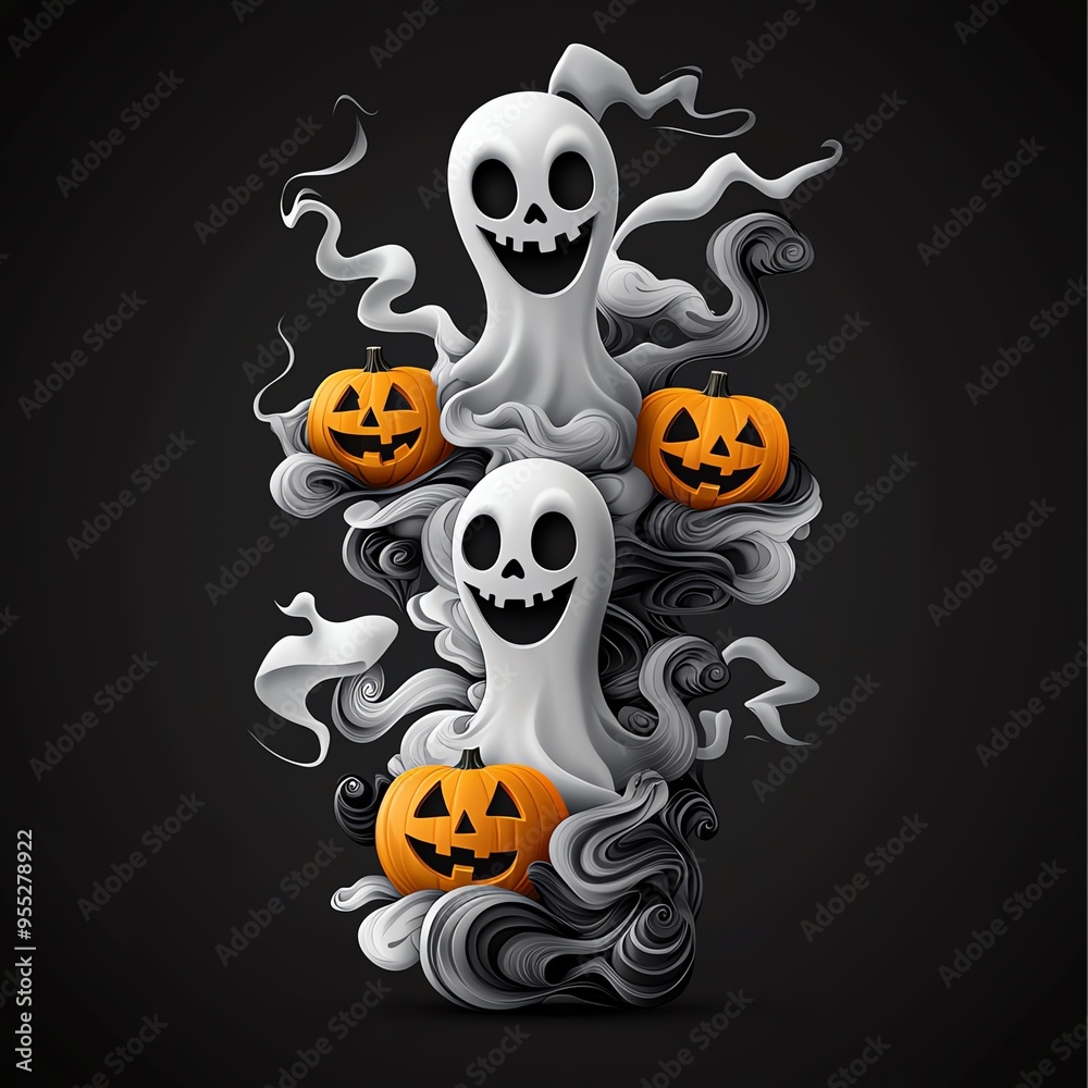 Playful ghosts surrounded by glowing pumpkins, creating a whimsical Halloween atmosphere with swirling mist.
