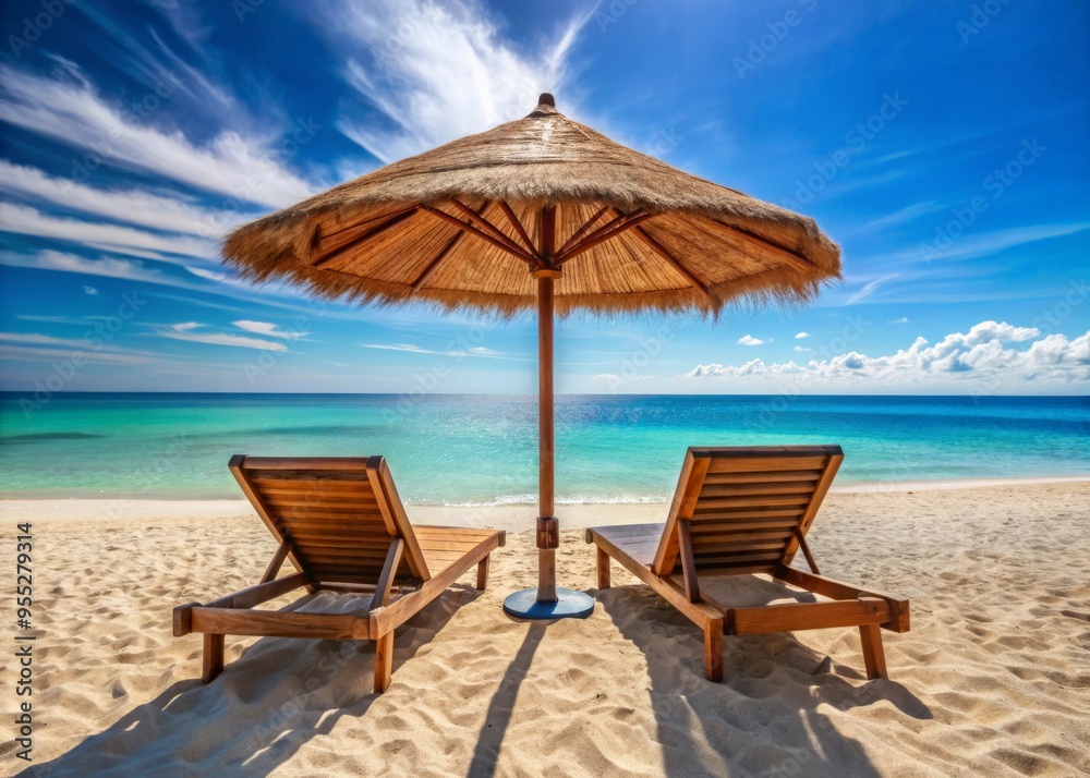 Sunset on the beach with deckchairs and umbrellas. Sunset on the beach with deckchairs and umbrellas.