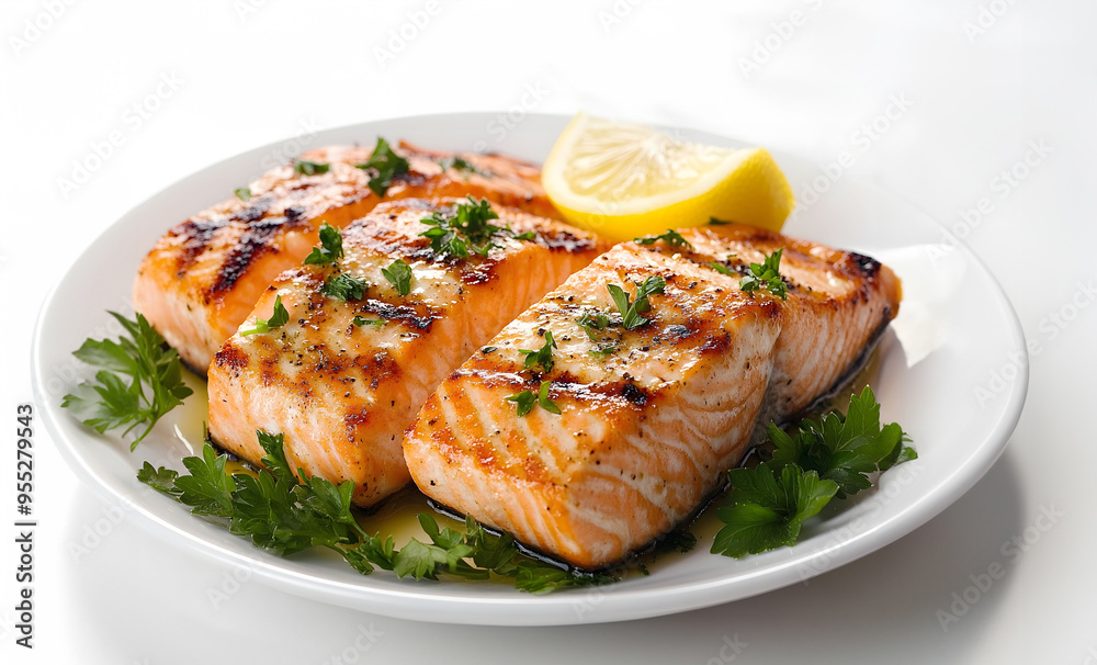 plate of salmon with lemon slices and parsley. The salmon is grilled and looks delicious. The lemon slices add a tangy flavor to the dish. The parsley adds a pop of color and freshness. Ai generative plate of salmon with lemon slices and parsley. The salmon is grilled and looks delicious. The lemon slices add a tangy flavor to the dish. The parsley adds a pop of color and freshness. Ai generative