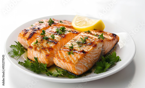 plate of salmon with lemon slices and parsley. The salmon is grilled and looks delicious. The lemon slices add a tangy flavor to the dish. The parsley adds a pop of color and freshness. Ai generative