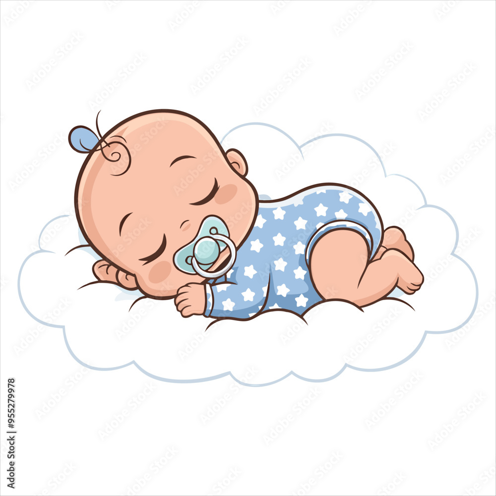 Fototapeta premium Cartoon Baby in Blue Onesie with Stars