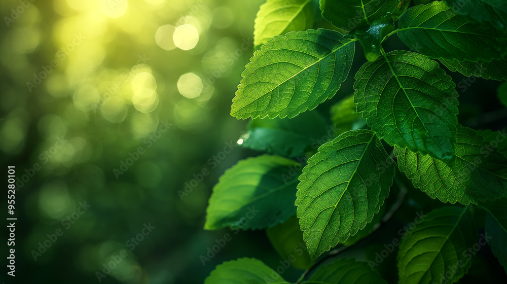 A leafy green tree branch with sunlight shining on it A leafy green tree branch with sunlight shining on it