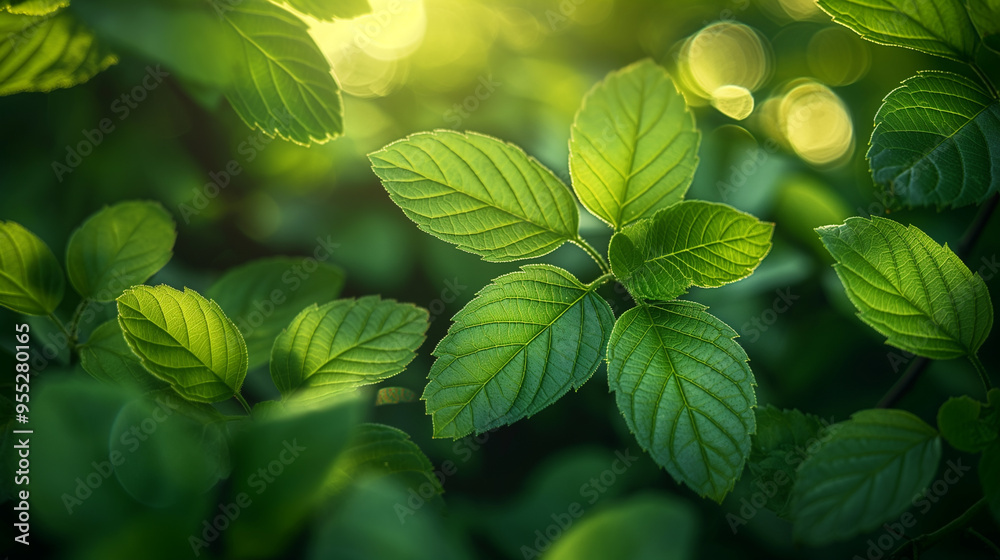 Fototapeta premium A leafy green tree branch with sunlight shining on it