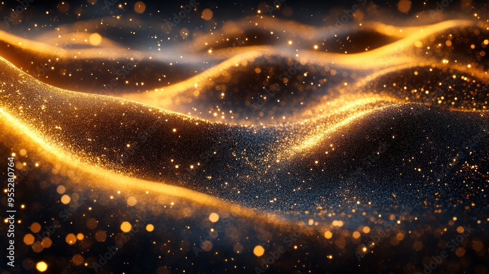 Abstract design with sparkling gold glitter waves.