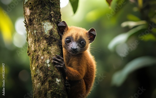 A wide-eyed kinkajou peeks out from behind a mossy tree trunk, its expressive face and golden fur capturing the essence of this elusive rainforest mammal photo