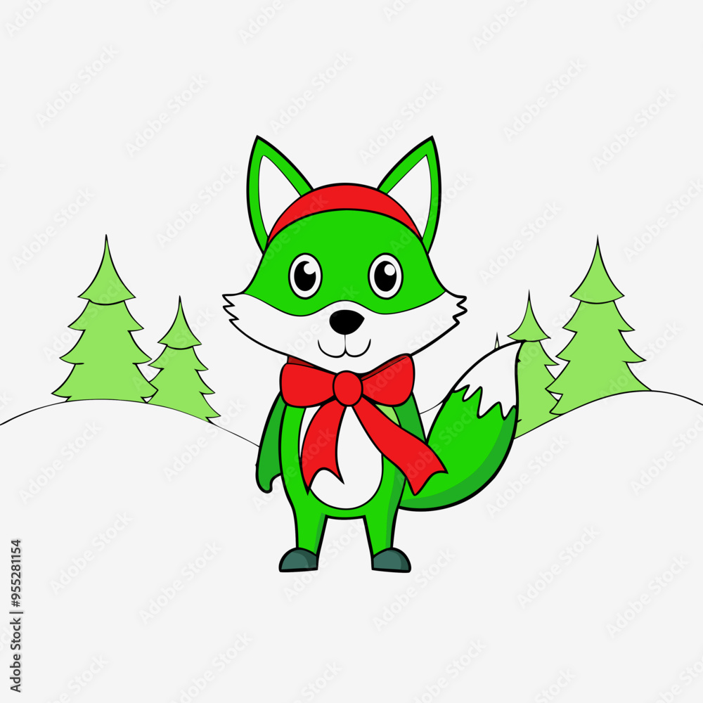 Santa Claus Arctic Fox with Red Ribbon on Forest White Background – Vector Art Santa Claus Arctic Fox with Red Ribbon on Forest White Background – Vector Art