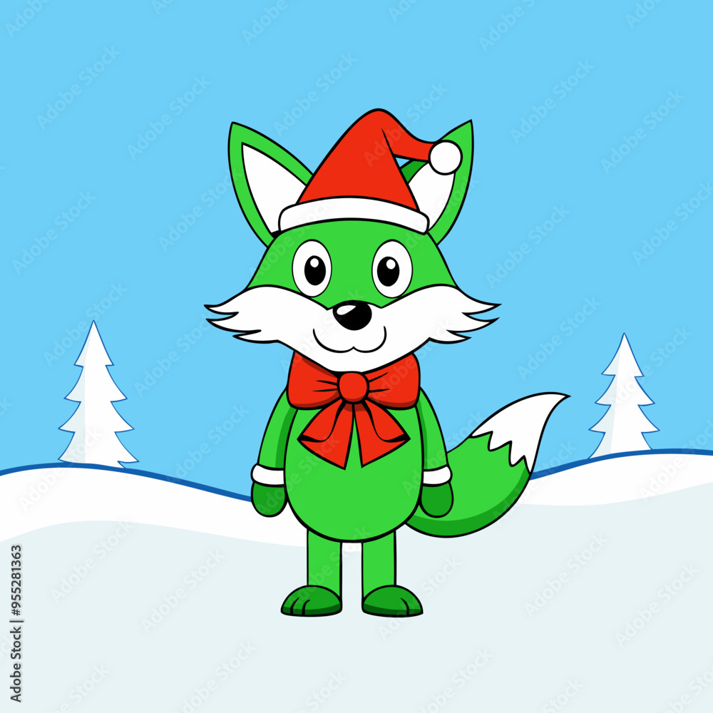 Obraz premium Santa Claus Arctic Fox with Red Ribbon on Forest White Background – Vector Art