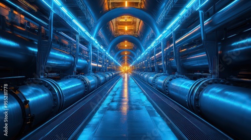  futuristic, neon-lit tunnel with high-tech machinery, evoking the atmosphere of a scientific research facility or particle accelerator, symbolizing advanced science and innovation.