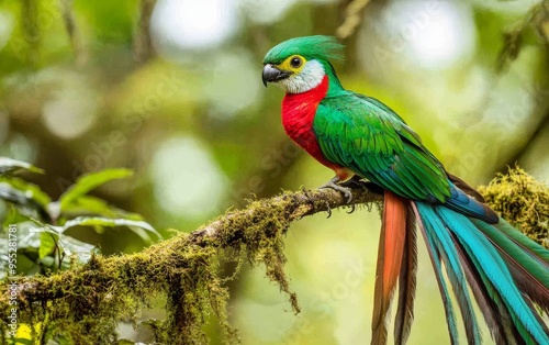 A resplendent quetzal with vibrant green plumage and long tail feathers perches on a moss-covered branch in a lush tropical rainforest setting