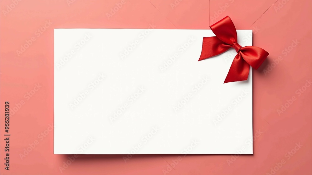 Blank Card with Red Ribbon and Bow on Pink Background Blank Card with Red Ribbon and Bow on Pink Background