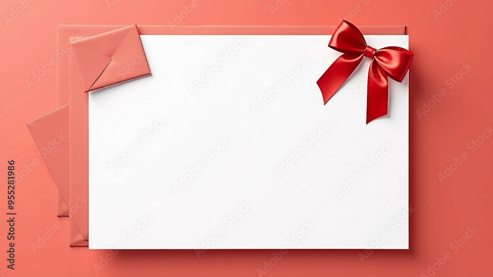 Blank Card with Red Ribbon and Bow on Pink Background Blank Card with Red Ribbon and Bow on Pink Background