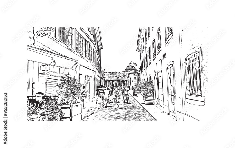 Building view with landmark of Strasbourg is the city in France. Hand drawn sketch illustration in vector.