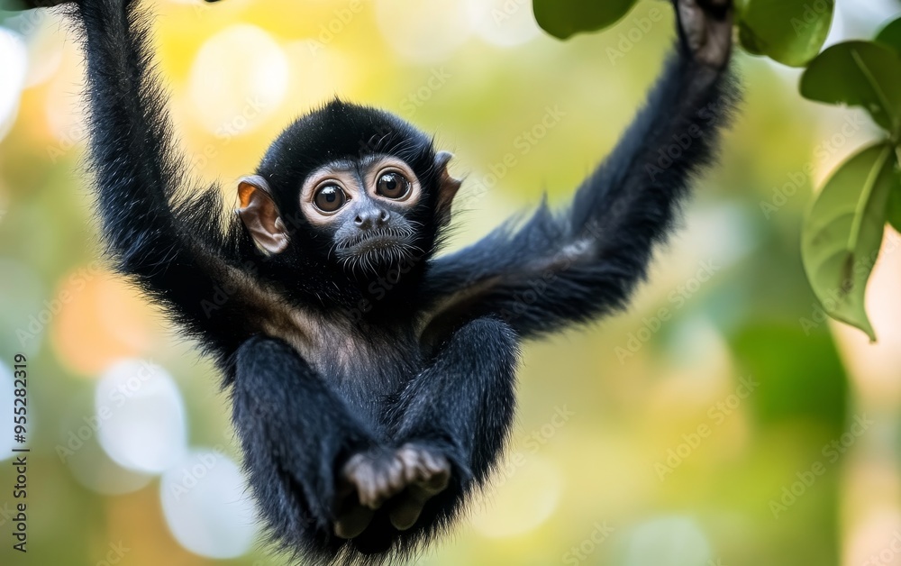 An adorable baby spider monkey with large expressive eyes hangs from tree branches, its long limbs and prehensile tail demonstrating the remarkable adaptations of this arboreal primate An adorable baby spider monkey with large expressive eyes hangs from tree branches, its long limbs and prehensile tail demonstrating the remarkable adaptations of this arboreal primate